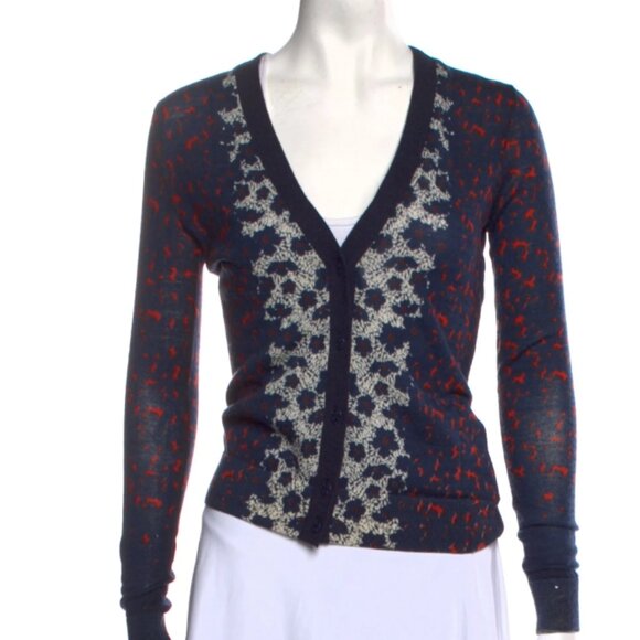 Tory Burch Sweater Floral Navy, Red &White, V Line Logo Buttons XS (Orig. $280) - Picture 1 of 6